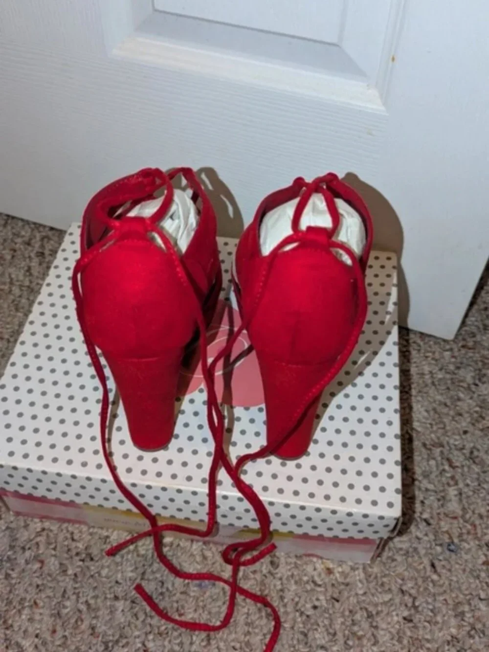 Red Lace Up Block Heels